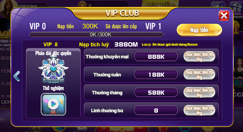 VIP 8 là cấp cao nhất trong chế độ vip 68 game bài